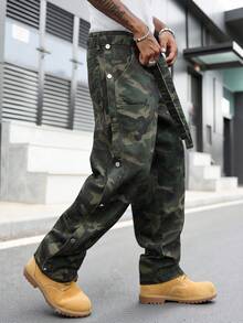 GALLERY FADE 男士街頭風休閒拼接腰帶迷彩牛仔長褲 - 軍綠色 - 查看 5