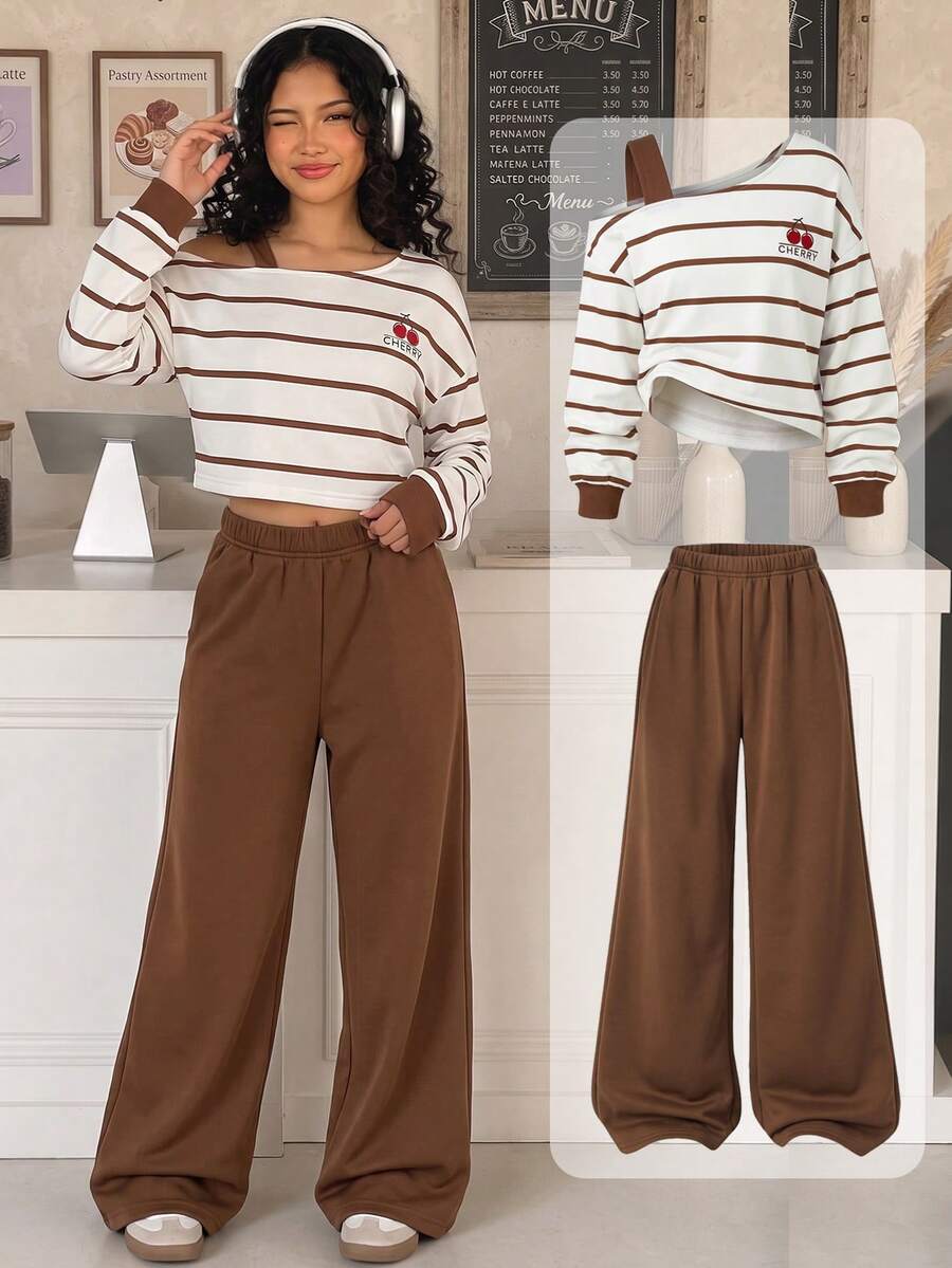 SHEIN Tween Girls Sweet Cool Casual Style Fall Winter Striped Sweatshirt Set Back To School Asymmetrical Shoulder Strap Patchwork Cold Shoulder Short Top Wi - Brown - View 1