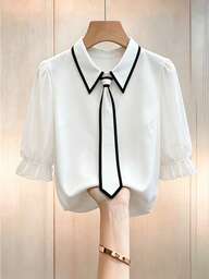 GlowEve CURVE Plus Size Women's Colorblock Collar Casual Elegant Normal Versatile Everyday Outing Shirt Teachers' Day Formal White Autumn Fall