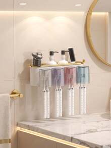 1 Set Wall Mount Toothbrush Holder With 2/3/4 Cups & Toothpaste Dispenser, Punch-Free Creative Bathroom Storage Rack, Convenient Daily Oral Care Organizer For Toothbrush, Toothpaste And Wash Supplies - Multicolor - View 8