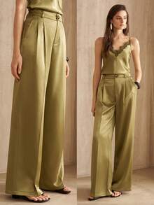 MOTF PREMIUM WOMEN'S SATIN TEXTURED SUIT PANTS, FASHION COMMUTE, AUTUMN/WINTER - Green - View 9