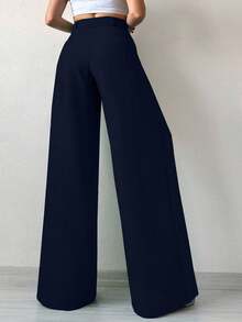 SHEIN Tall Women's Solid Color Wide Leg Suit Pants - Navy Blue - View 2