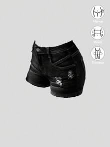 SHEIN Quần short denim cạp thấp rách gấu cuộn màu trơn giặt wash phong cách Y2K cho nữ teen, mặc mùa xuân hè, đi biển boho, concert, rave, lễ hội, dễ thương, lễ tốt nghiệp, kỳ nghỉ hè - màu đen - Xem 1