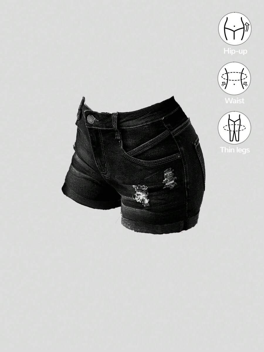 SHEIN Quần short denim cạp thấp rách gấu cuộn màu trơn giặt wash phong cách Y2K cho nữ teen, mặc mùa xuân hè, đi biển boho, concert, rave, lễ hội, dễ thương, lễ tốt nghiệp, kỳ nghỉ hè - màu đen - Xem 1