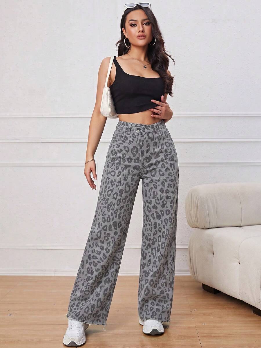 SHEIN ICON 女款豹紋休閒百搭日常穿著牛仔褲 - 彩色 - 查看 1