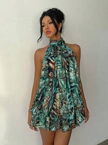 Aloruh Green Printed Mini A-Line Dress, Slimming Sexy Style - Green - View 5