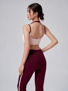DAZY Women's Casual Home Fitness Sports Set,Korean Style Pink & Red Colorblock Patchwork 2 In 1 Spaghetti Strap Tank Top With Chest Pads, Straight Leg - Red - View 3