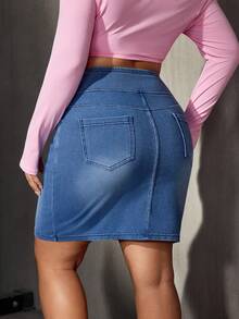 Flexra Plus Size Women's Fall Summer Casual Criss-Cross Waist Elastic Denim Mini Skirt Waist Corset Buttock Lift Sportswear Work Outfits For Women - Medium Wash - View 2