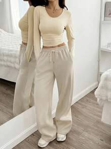 SHEIN EZwear 杏色女士休闲百褶短款上衣和阔腿抽绳腰裤套装 - 杏色 - 查看 6