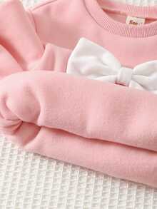Cozy Pixies 2件組女嬰對比蝴蝶結運動衫與冬季長褲，可愛粉色秋季休閒套裝，長袖圓領鬆緊腰純色套裝 - 淺粉色 - 查看 5