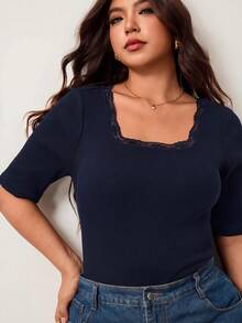 Enliva Kaos Wanita Ukuran Besar, Elastisitas Tinggi, Potongan Slim Fit, Lengan Pendek, Leher Persegi, Ramah Kulit, Gaya Musim Semi/Panas, Detail Renda di Garis Leher - Navy Blue - View 5