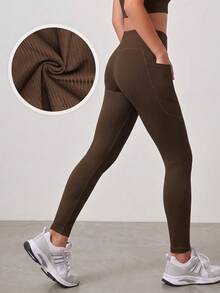 SHEIN Tween Girls' Leggings, Sports Casual Base Layer Long Pants, Ribbed Elastic Fabric, Soft And Comfortable, Side Pocket Design, Convenient For Storage, Suitable For Yoga, Casual Wear, All-Season Product - Brown - View 2