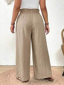 SHEIN Frenchy Plus Size Solid Color Paper Bag Waist Casual Bohemian Boho Drawstring Wrap Loose Pants Beach Vacation Vacation Vacation Gym Beige Autumn Fall - Apricot - View 3