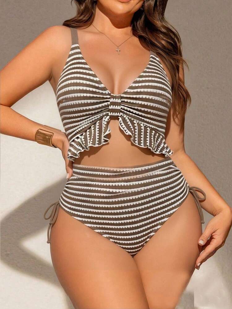 Swim Chiccia Plus Size Women's One-Piece Special Fabric Swimsuit, Deep V-Neck, Adjustable Shoulder Straps, Removable Padding, Ruffle Trim Under Bust, Drawstring Sides, Fashionable Sexy Casual Vacation Beach Swimwear - Multicolor - View 3