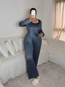 Dream Adore Plus Size Casual Polka Dot Set, Square Neck Lace Patchwork Trim, Ruffle Hem Long Sleeve Long Pants Loungewear, Comfortable Home Sleepwear Set - Dark Grey - View 3