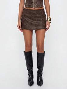 Avantive Women's Sexy Fashion Studded Mini Skirt For Dating Clubbing Night And Vacation Dark Brown Autumn - Brown - View 6