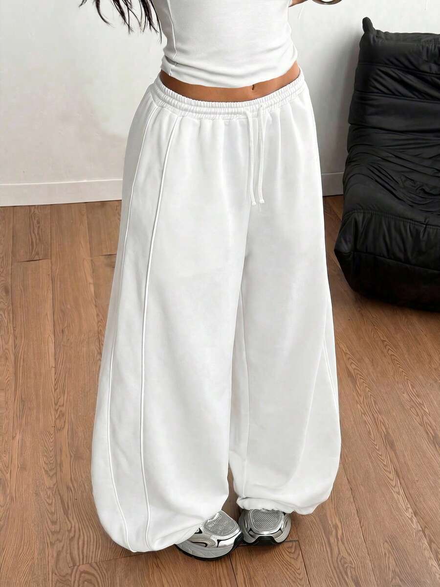 SHEIN Tween Girl Casual Drawstring White Print Loose Sweatpants, Back-To-School Outfit, All-Match, Versatile For Daily Wear - White - View 1