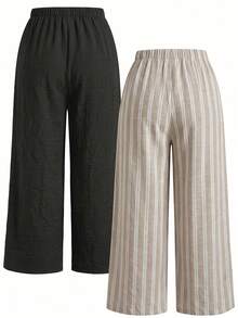 SHEIN Tween Girl Drawstring Waist Casual Versatile Daily Wear Wide Leg Long Pants 2pcs/Set - Multicolor - View 2