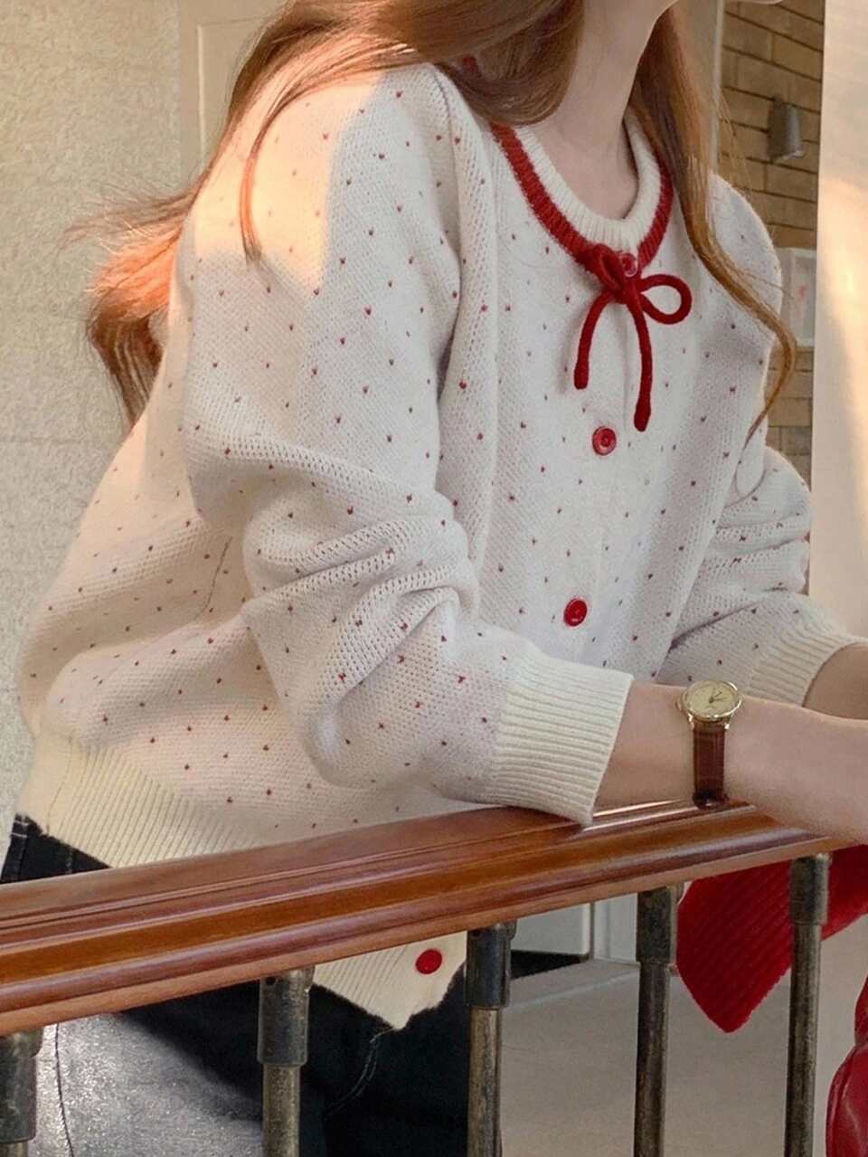 Girls (Big) Loose Polka Dot Contrast Color Bow Decor Cute Autumn/Winter Sweater Cardigan