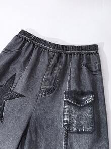 SHEIN 青少年女孩 3件組漸層條紋喇叭袖罩衫、純色細肩帶背心與破洞星星印花寬腿褲 - 黑色 - 查看 7