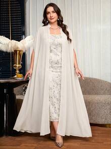 Reflora Conjunto de 2 piezas de vestido largo elegante para fiesta con estampado floral, talla grande - Albaricoque - Ver 6