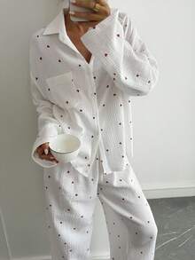 Livesso Petite Women's Heart Pattern Long Sleeve Single-Breasted Top And Pants Casual 2 Pieces Set Fall - White - View 5