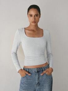 YARNWELL Women's Square Neck Long Sleeve T-Shirt – Soft Stretchy Fitted Top, Everyday Essential For Daily, Work Lounge Indoor Home Casual Simple Grey - Light Grey - View 8