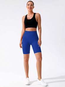 SHEIN Sports 素色高腰修身運動短褲 - 藍色 - 查看 4