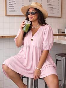 Enliva Plus Size Women's Ruffled Puff Sleeve V-Neck Dress - Baby Pink - View 6