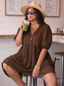 Enliva Plus Size Women's Ruffled Puff Sleeve V-Neck Dress - Brown - View 6