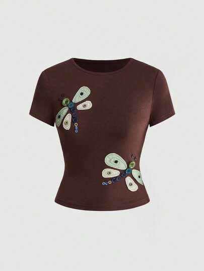 Fairycore Damen Vintage Basic T-Shirt mit Knopfdekor und Libellen-Applikation, Stickerei