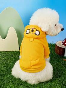 ADVENTURE TIME X PETSIN 1件可愛黃色大眼小狗印花附尾巴寵物連帽衫，配黃色牽引扣，透氣舒適親膚防掉毛寵物衣 - 彩色 - 查看 2
