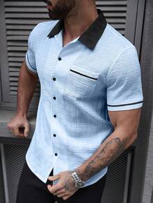 SLATEMANN Men's Casual Pocket Single-Breasted Short Sleeve Contrast Color Shirt - Blue - View 5