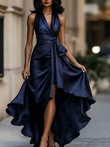 SHEIN LUNE 女士午夜优雅缎面露背无袖荷叶边连衣裙，适合晚宴、节日和日常穿着。 - 藏蓝色 - 查看 5