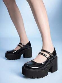 Sugerpunk Sepatu Wanita Modis Hak Miring Platform, Gaya Punk Gothic Gesper Gelap dengan Inlay Paku Keling, Cocok untuk Pesta Klub Malam, Seksi, Liburan, dan Perjalanan Sehari-hari. - Hitam - View 11