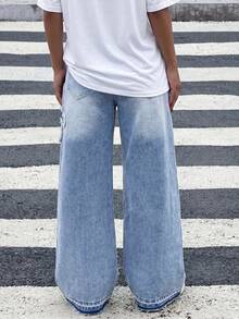 SHEIN Tween Girl Y2K Frayed Hem Decor Washed Distressed Floral Pattern Baggy Straight Leg Jeans, Fall Back To School Streetwear - Blue - View 7