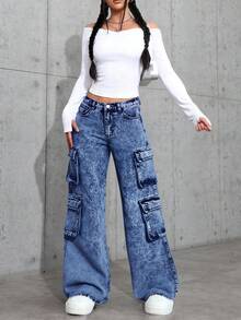 SHEIN 青少年女孩 Y2K 90年代秋季街頭斜口袋純色水洗牛仔褲，口袋設計柔軟優雅休閒直筒工裝牛仔褲，適合通勤、運動、返校，工裝褲 Y2K 牛仔褲寬鬆牛仔褲水洗丹寧牛仔褲寬腿工裝牛仔褲 - 深色水洗藍 - 查看 4