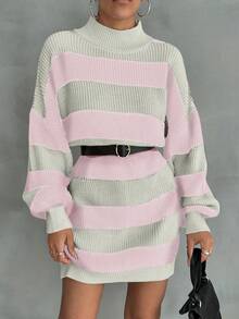 EURMUSE Women Drop Shoulder Sweater Dress With Striped Pattern - Baby Pink - View 8