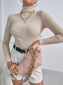 SHEIN LUNE Jersey de cuello alto de punto acanalado, tops de manga larga de punto, jersey de punto para otoño e invierno - Albaricoque - Ver 3