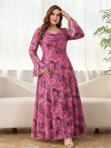 Reflora Vestido de vacaciones elegante con estampado floral, mangas con volantes y plisado, talla grande - Rosa Fucsia - Ver 3