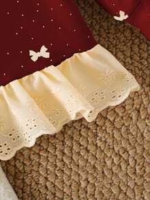 SHEIN Vintaside Kids 女嬰時尚刺繡荷葉邊印花運動衫 秋季 - 酒紅色 - 查看 6