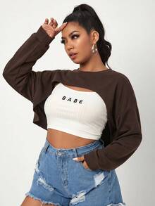 SHEIN EZwear Women's Plus Size Patchwork Long Sleeve Short Sweatshirt Fall - Chocolate Brown - View 4