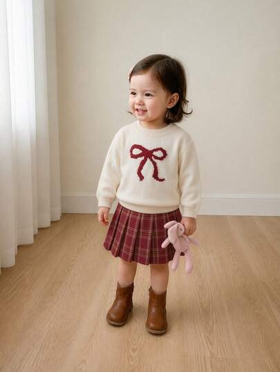 Souflis Baby Girl Bow Pattern Long Sleeve Top And Plaid Pleated Skirt Knit Set