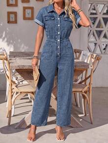 EMERY ROSE Jumpsuit Denim Kasual Wanita dengan Saku untuk Pemakaian Sehari-hari - Biru - View 4