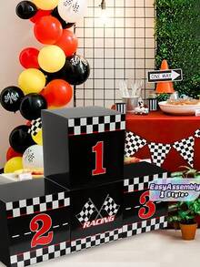 4-Pcs Easy-Assembly Foldable 10.63-Inch (27cm) Sturdy Cardboard Black And White Checkered Racing Podium Boxes, Ideal For Sports Theme Birthday Party, Photo Booth Backdrop, Table Centerpiece, Race Car Celebrations, Great Party Favors And Decorations. - Multicolor - View 1