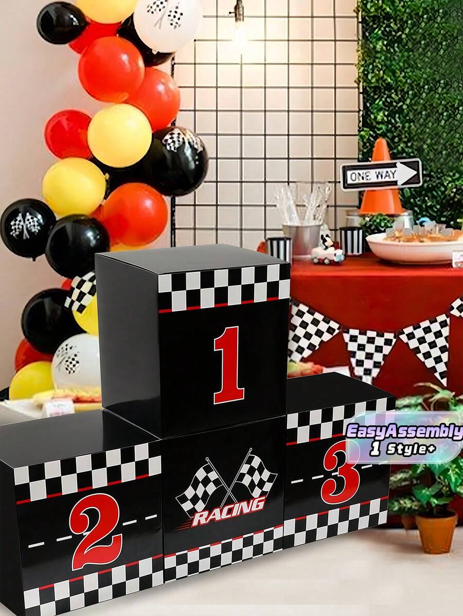 4-Pcs Easy-Assembly Foldable 10.63-Inch (27cm) Sturdy Cardboard Black And White Checkered Racing Podium Boxes, Ideal For Sports Theme Birthday Party, Photo Booth Backdrop, Table Centerpiece, Race Car Celebrations, Great Party Favors And Decorations. - Multicolor - View 1