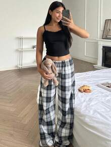 少女蕾丝拼接吊带背心和格子阔腿裤休闲家居服套装 - 黑色 - 查看 1
