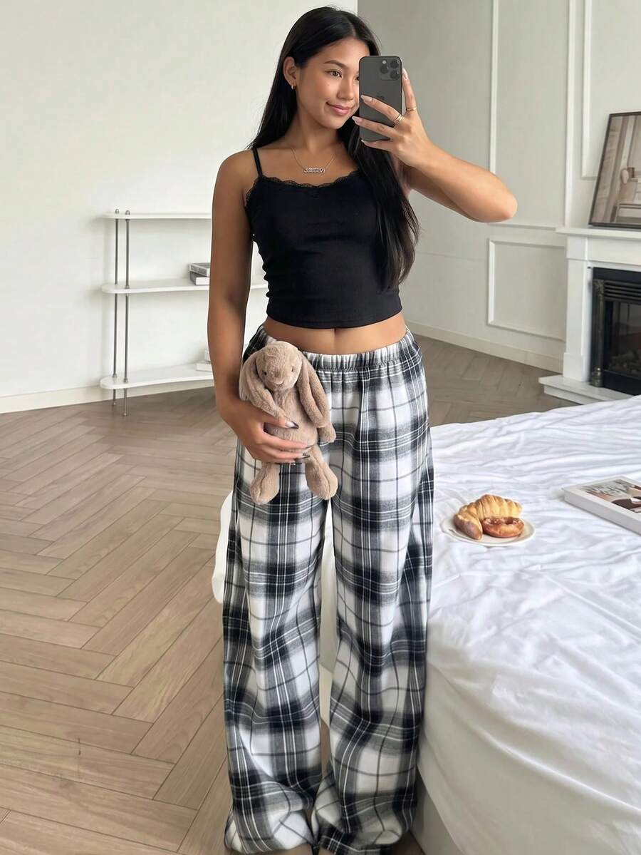 少女蕾丝拼接吊带背心和格子阔腿裤休闲家居服套装 - 黑色 - 查看 1