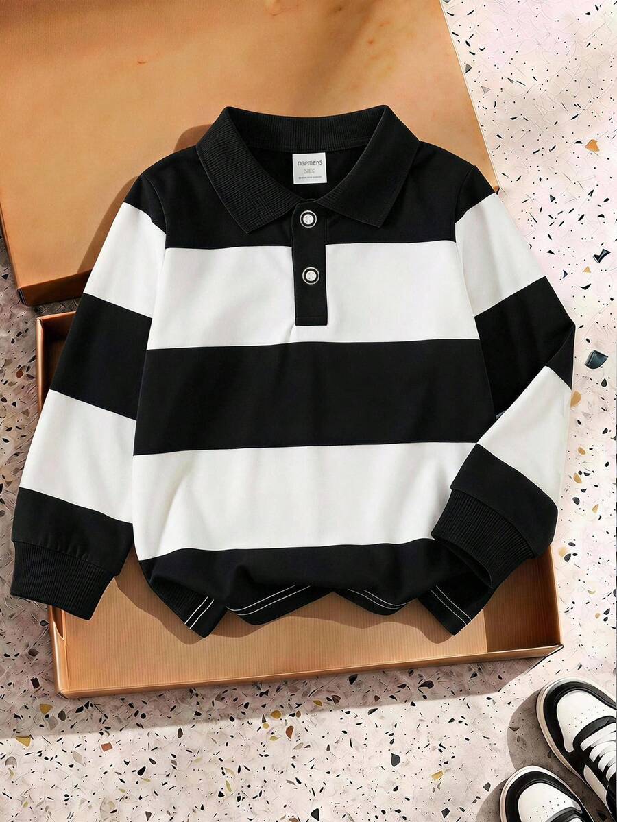 SHEIN Explorewe 小男孩條紋對比色學院風翻領針織休閒寬鬆復古美式長袖 Polo 衫,適合校園與日常穿著 - 黑與白 - 查看 1