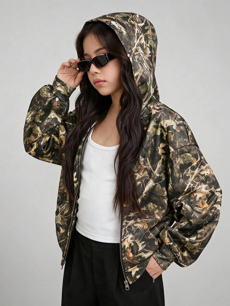 SHEIN 青少年女孩休閒街頭迷彩印花寬鬆連帽拉鍊口袋外套,連帽衫,外套,秋冬款 - 軍綠色 - 查看 1